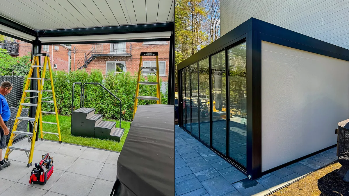 Pergola bioclimatique ouverte au début de la saison estivale