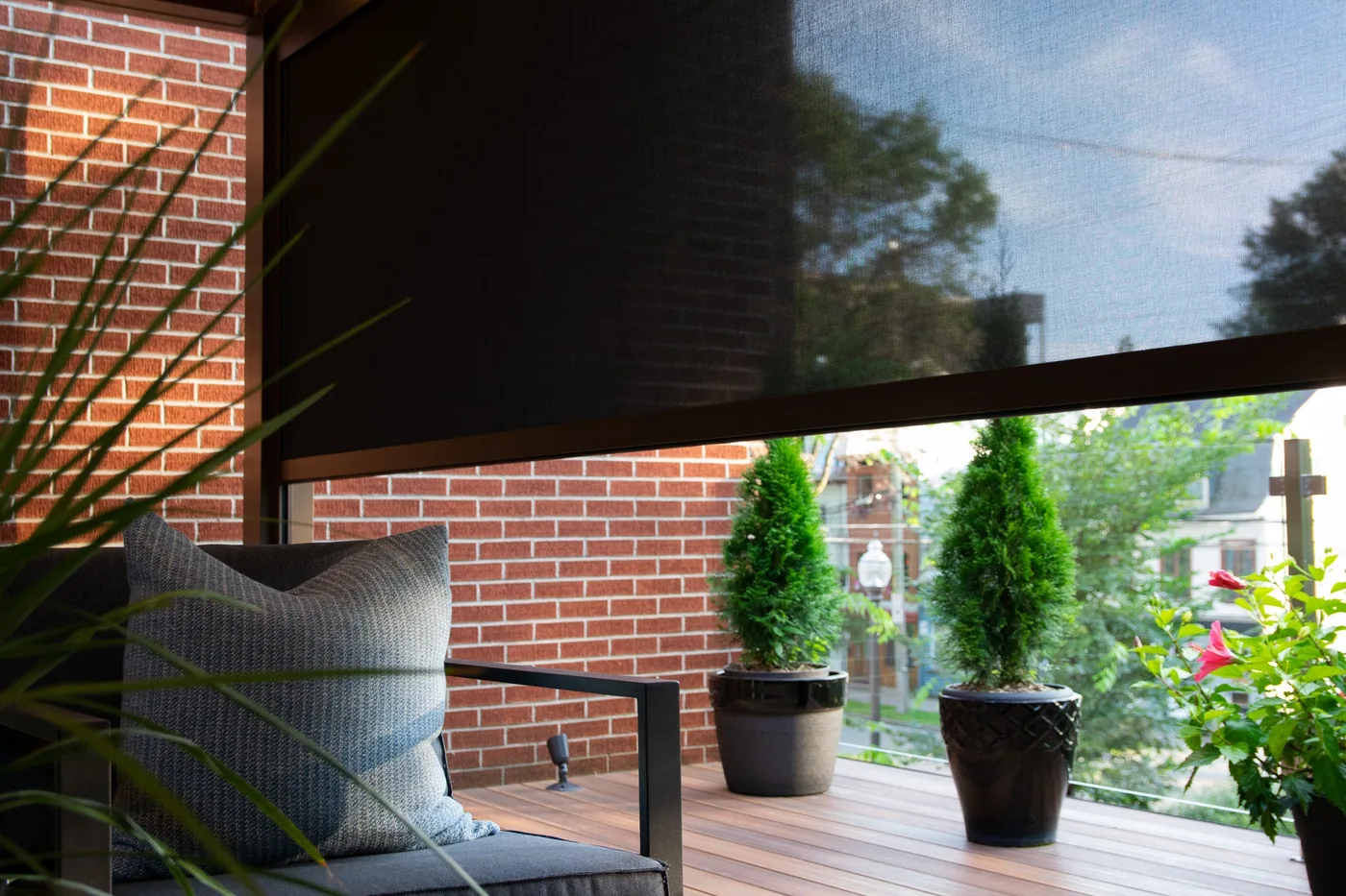 Salon extérieur meublé sous une pergola bioclimatique Provence, jardin et haie de cèdres