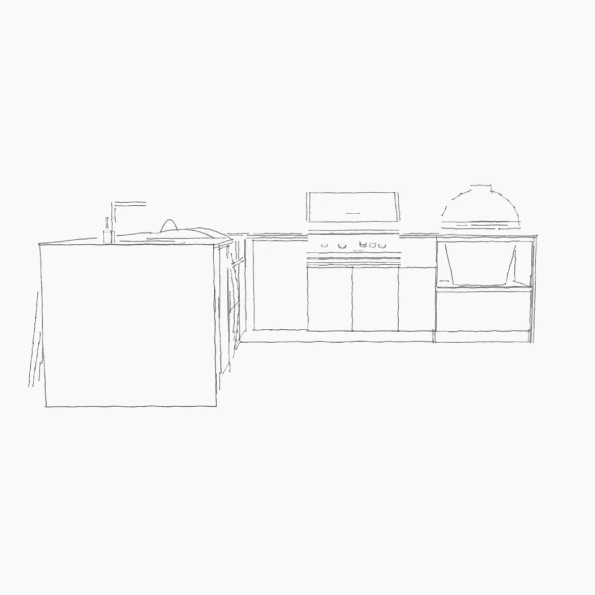 Croquis technique d’une cuisine extérieure sur mesure Pergolas Signature.