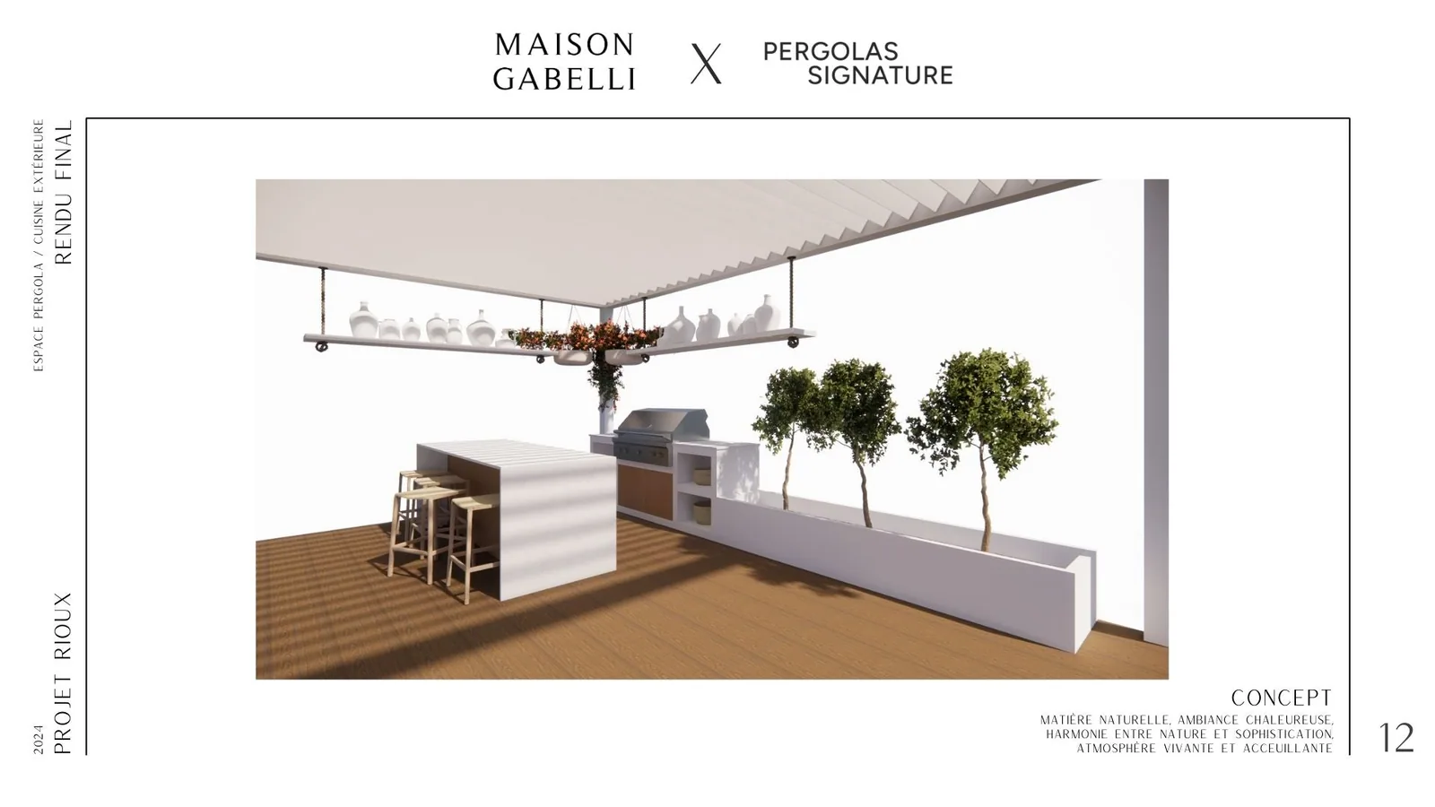 Planche de rendu 3D Maison Gabelli × Pergolas Signature : la cuisine extérieure et les étagères à pots blancs sous la pergola.