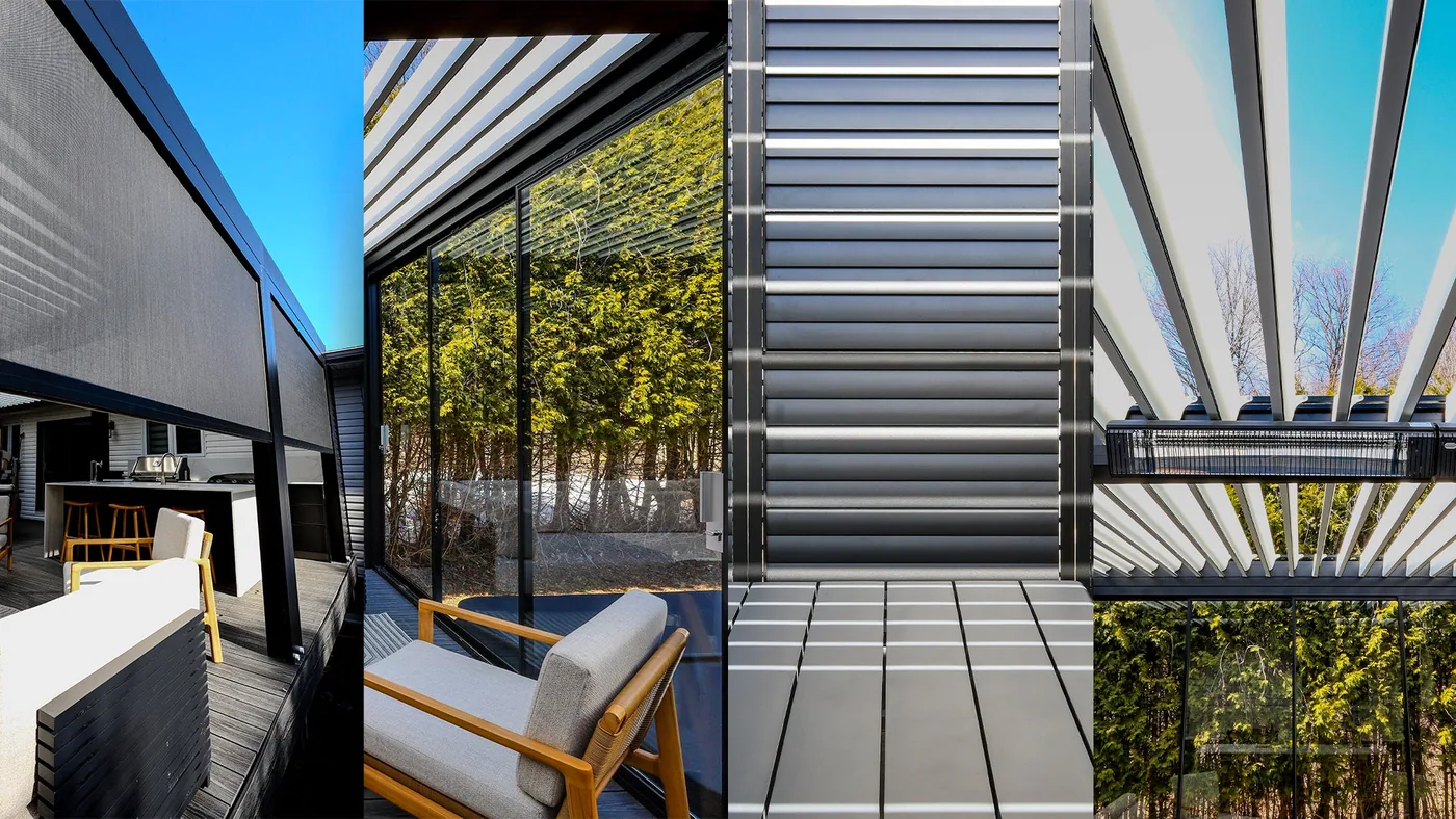 Motorised solar shades, sliding glass and louvred privacy wall on the Harvey project