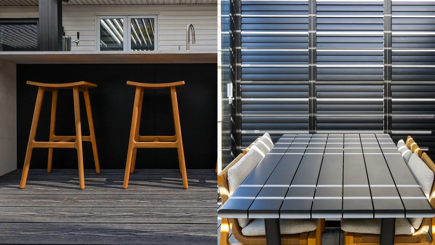 Dining table and counter stools in the outdoor space of the Harvey project