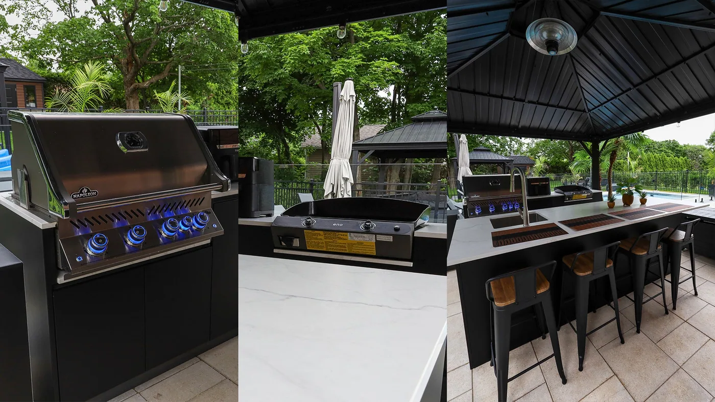 Espace bar et repas avec tabourets de style industriel, sous la structure au toit de métal