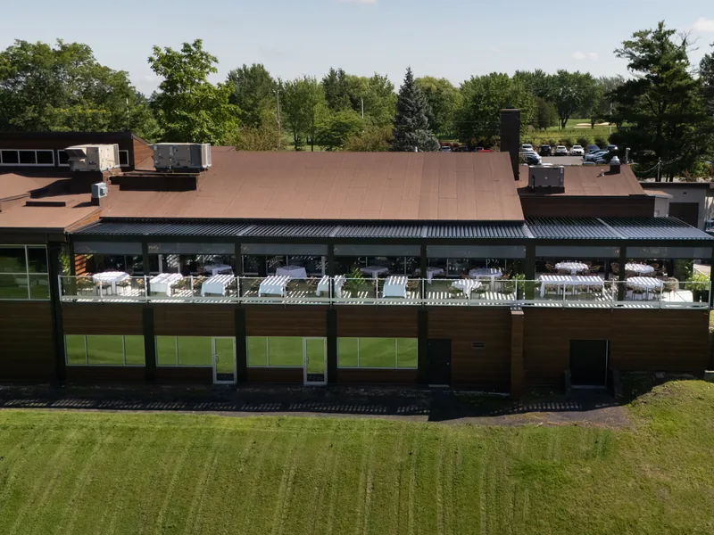 Aerial view of Pinegrove Golf Club: the Capri pergolas cover the restaurant terrace on the upper floor